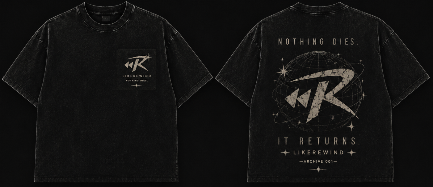 Archive 001 is the debut release from LikeRewind, inspired by the idea that great fashion never truly disappears—it comes back stronger. This heavyweight, vintage-washed oversized tee features distressed screen prints on the front and back, delivering a timeless look built for everyday wear. Designed with premium materials and limited availability, Archive 001 represents the beginning of the LikeRewind archive—because Nothing Dies. It Returns.